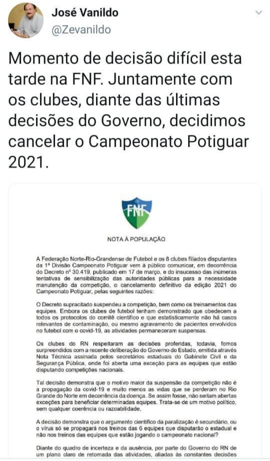 Governo do Estado não libera jogos e FNF e clubes decidem cancelar o Campeonato Potiguar 2021