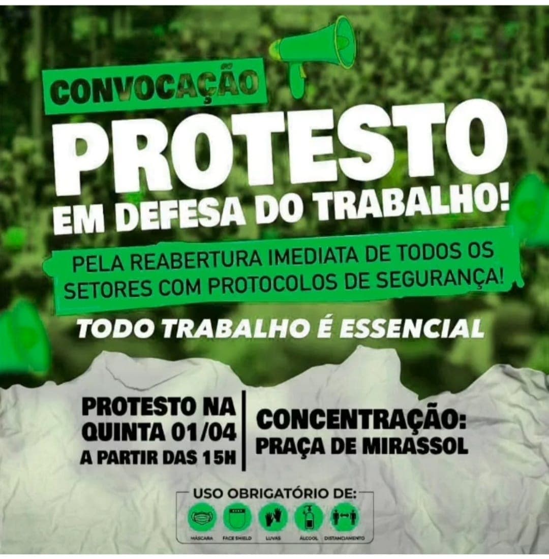 Protesto pela reabertura imediata de todos os setores de trabalho é convocado para esta quinta-feira em Natal