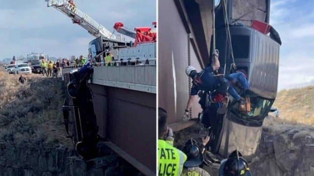 FOTOS: Casal de idosos é resgatado após picape ficar pendurada em ponte nos EUA