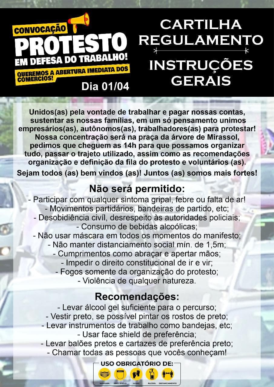 Protesto em defesa do trabalho na tarde desta quinta em Natal pede reabertura imediata dos comércios