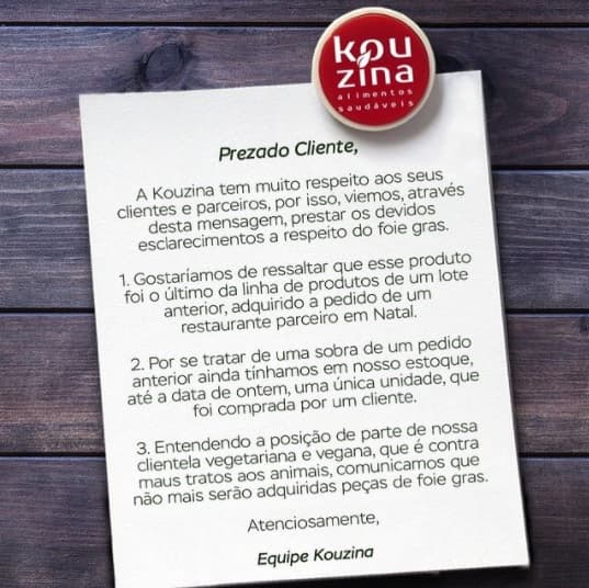 AONDE VAMOS CHEGAR? Kouzina tem que se desculpar por ter anunciado venda de Foie Gras em Natal