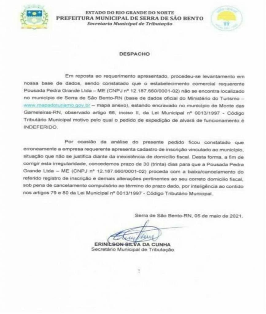 Prefeitura de Serra de São Bento emite nota sobre polêmica envolvendo localização de pousada
