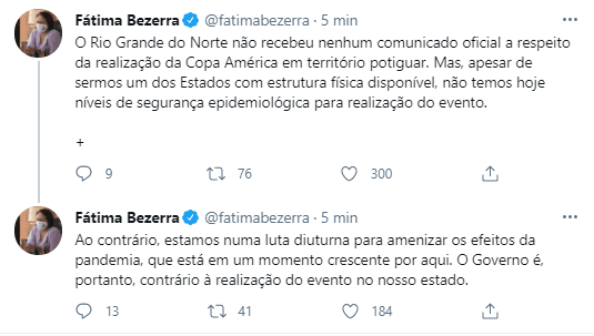 COPA AMÉRICA: Fátima diz que RN não tem ‘nível de segurança epidemiológica' e que governo é contrário a realização do evento no estado