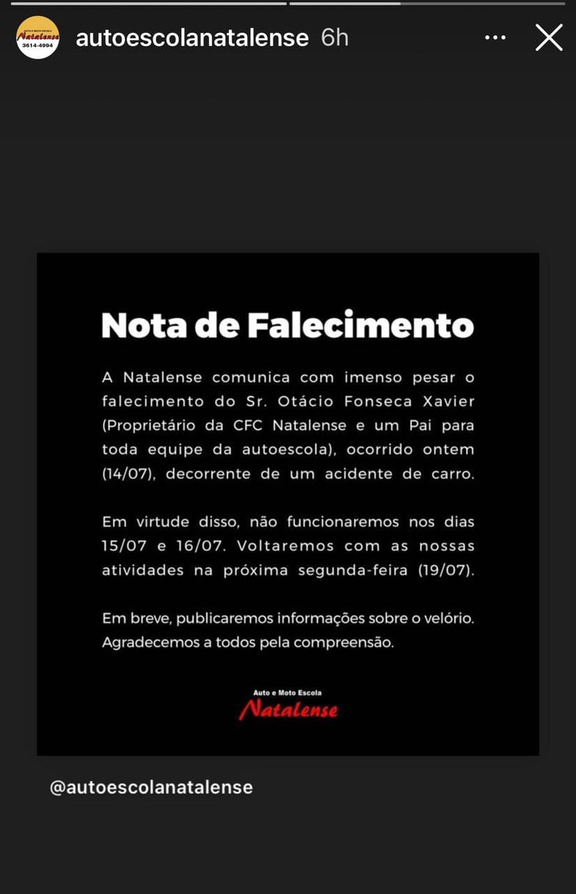 Morre Otácio Fonseca Xavier, proprietário da autoescola CFC Natalense