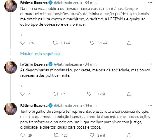 "Na minha vida pública ou privada nunca existiram armários", diz Fátima, em mensagem ao público LGBTQIA