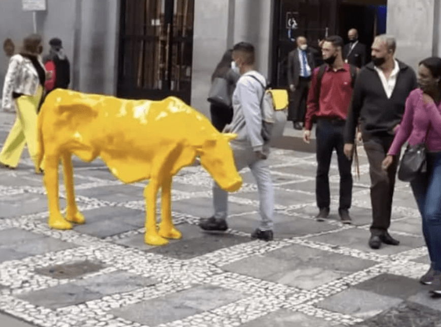 Depois de touro de ouro, artista instala vaca magra em frente à Bolsa de Valores, no Centro de SP
