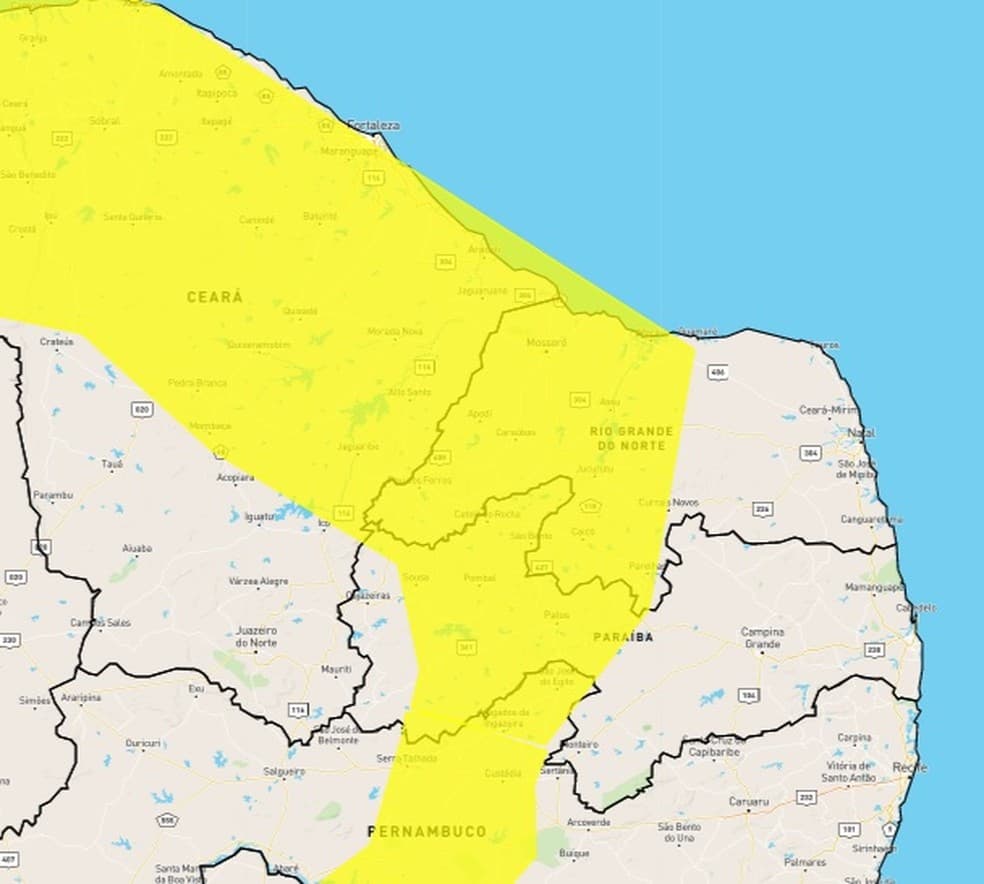 Inmet alerta para chuvas intensas em 91 cidades do RN; veja lista