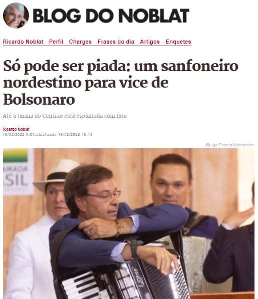 PRECONCEITO? Ministro do Turismo rebate jornalista que disse ser ‘piada' a possibilidade de um ‘sanfoneiro nordestino' ser vice de Bolsonaro
