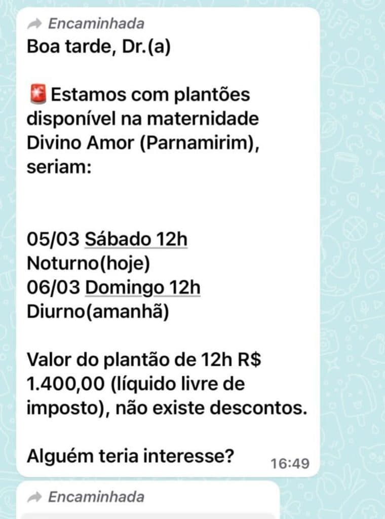 GRAVE: Médico denuncia ao BG oferta de plantões pelo Whatsapp por R$ 1.400 e sem impostos