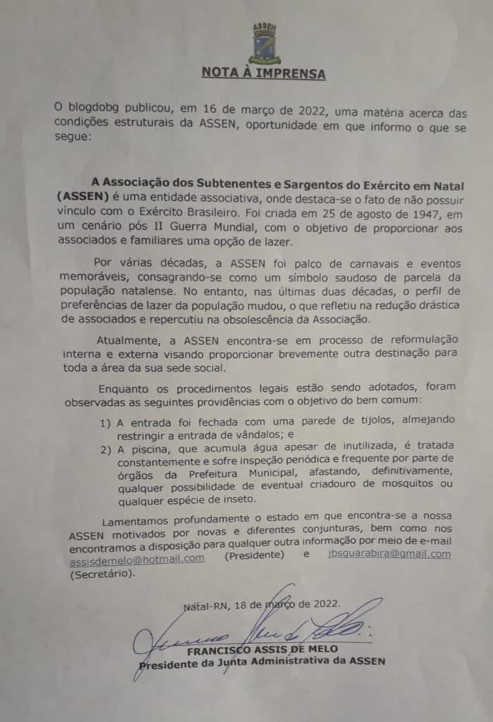 ASSEN emite nota acerca da situação em que se encontra o clube