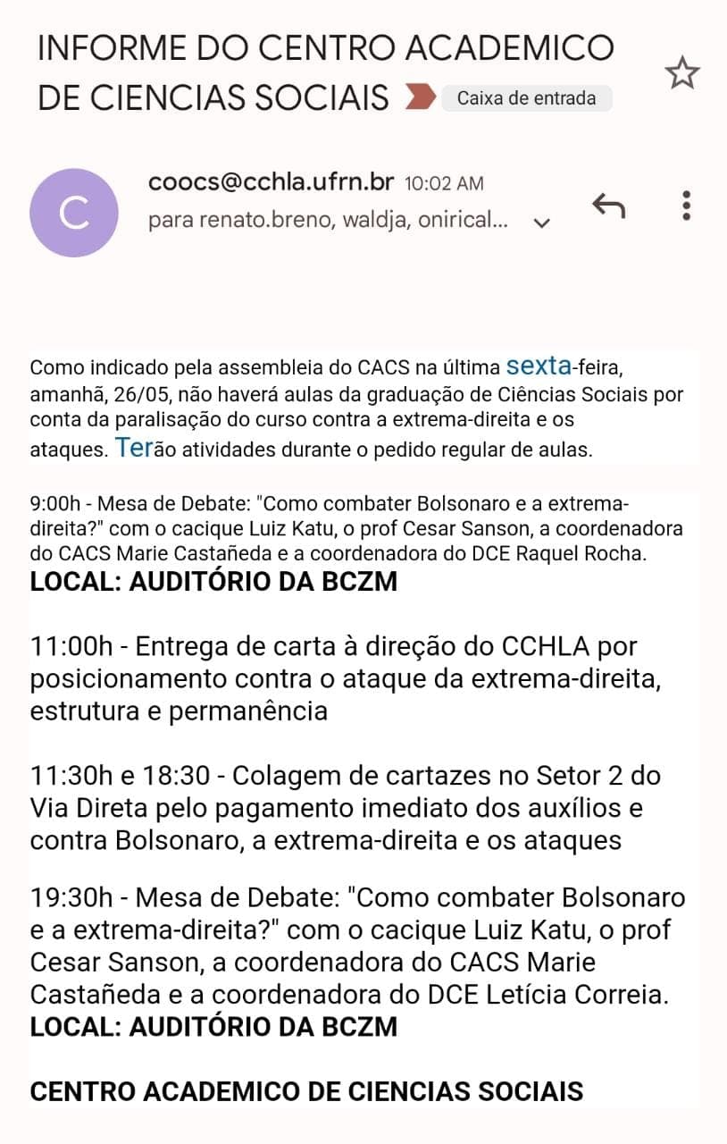 "GREVE ESTUDANTIL": Alunos de Ciências Sociais da UFRN não terão aula amanhã para deliberar contra Bolsonaro e a extrema-direita dentro da Universidade