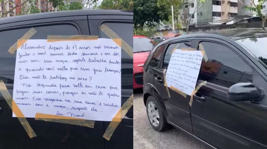 Mulher descobre traição e cola cartaz de término no carro do companheiro: ‘crie vergonha na cara'