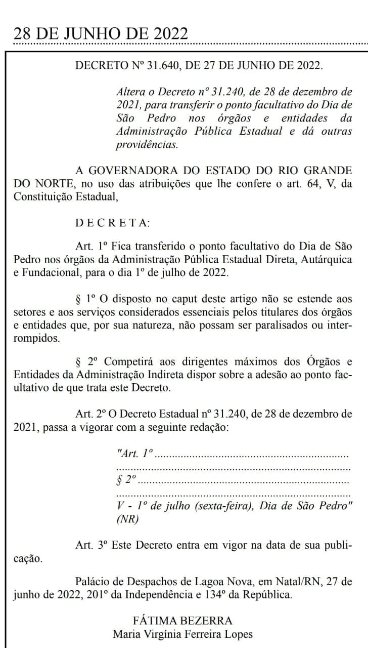 Governo do RN e Prefeitura do Natal transferem ponto facultativo do Dia de São Pedro para a sexta (1º)