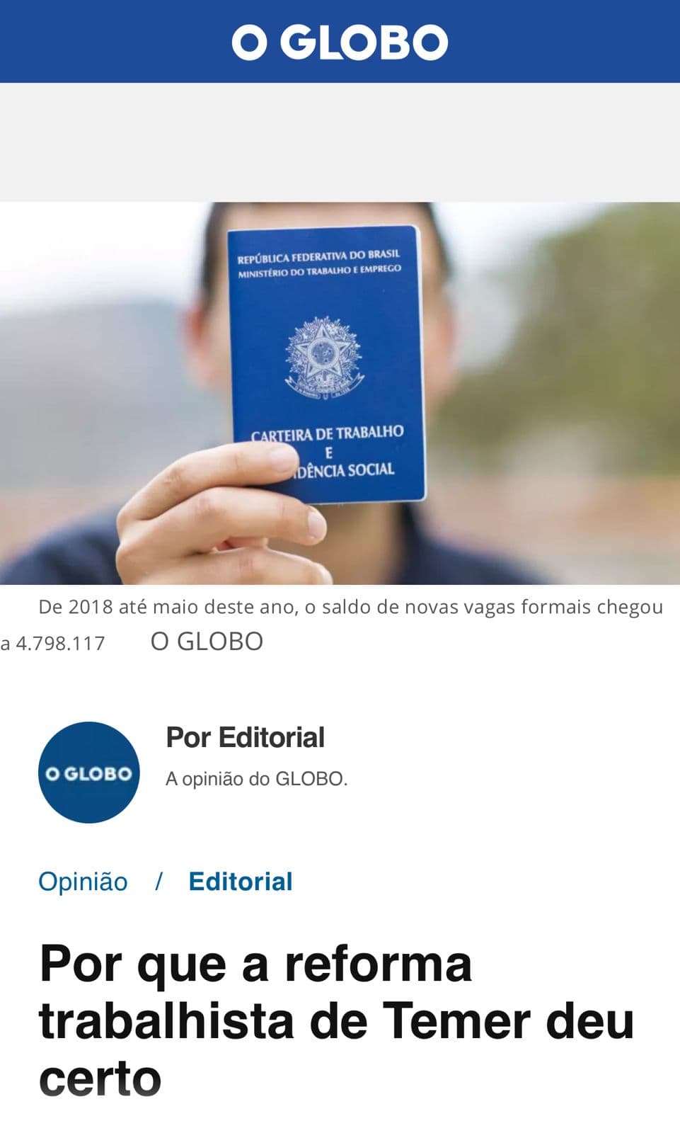 EDITORIAL O GLOBO: Por que a reforma trabalhista deu certo!