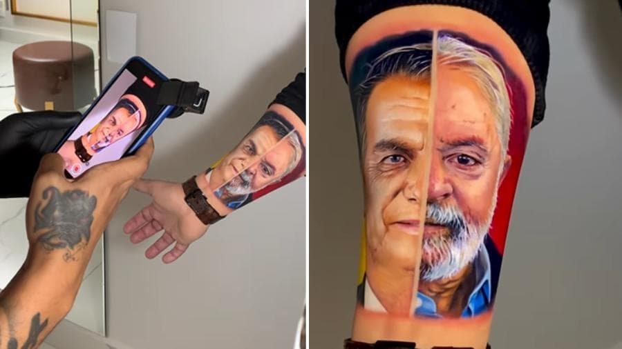 FOTO: Homem faz tatuagem com rostos de Lula e Bolsonaro lado a lado