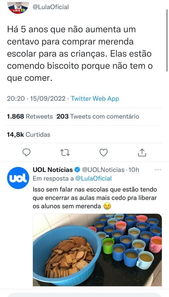 APENAS ISSO: UOL retuíta e comenta postagem de Lula nas redes sociais