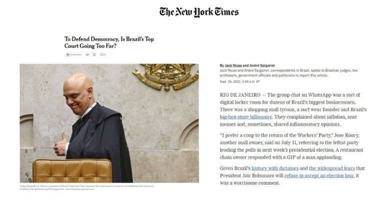 Artigo do ‘The New York Times' questiona STF: ‘Está indo longe demais?'
