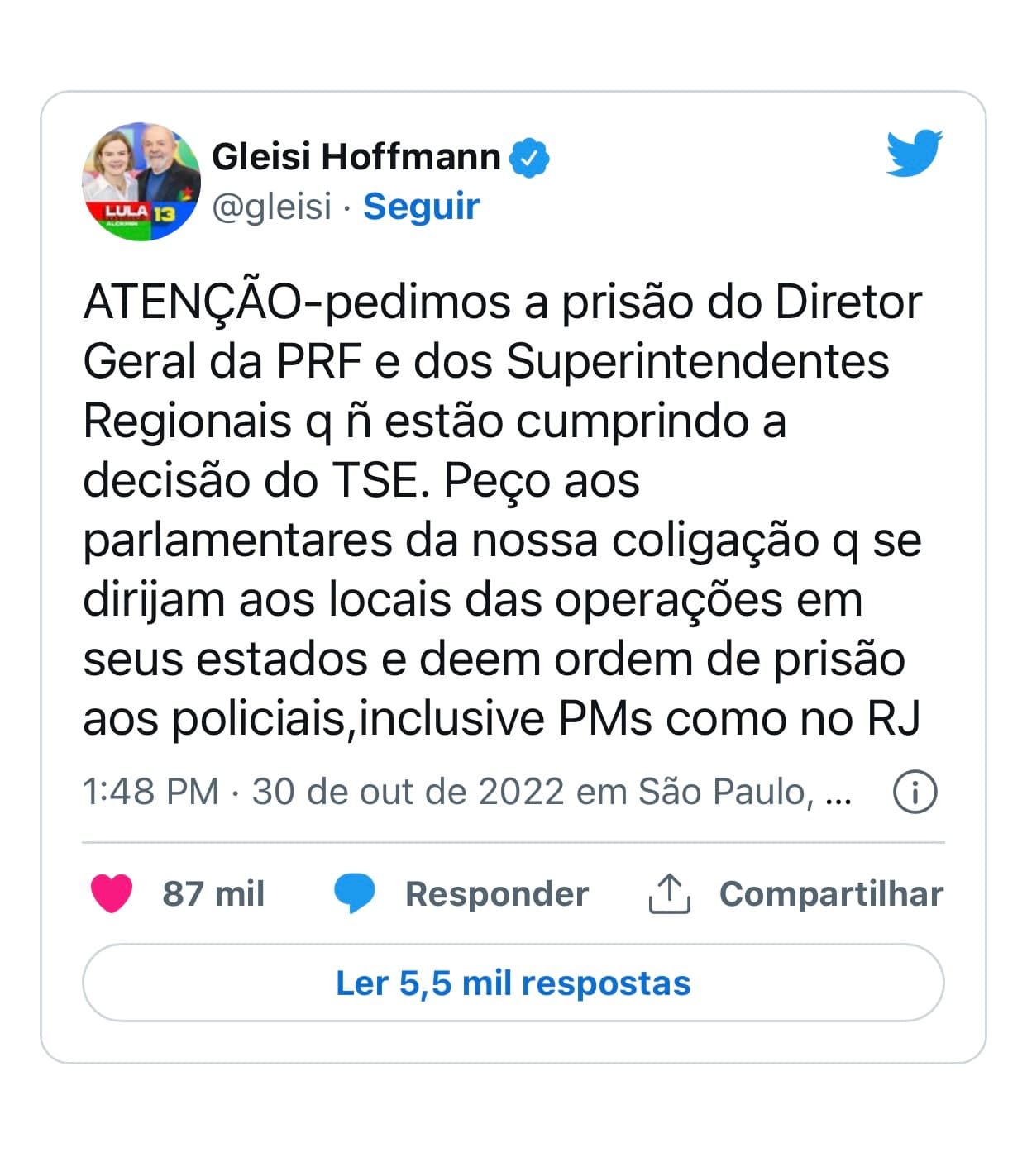 Coligação de Lula pede prisão de diretor da PRF; Gleisi orienta ação contra agentes em blitze