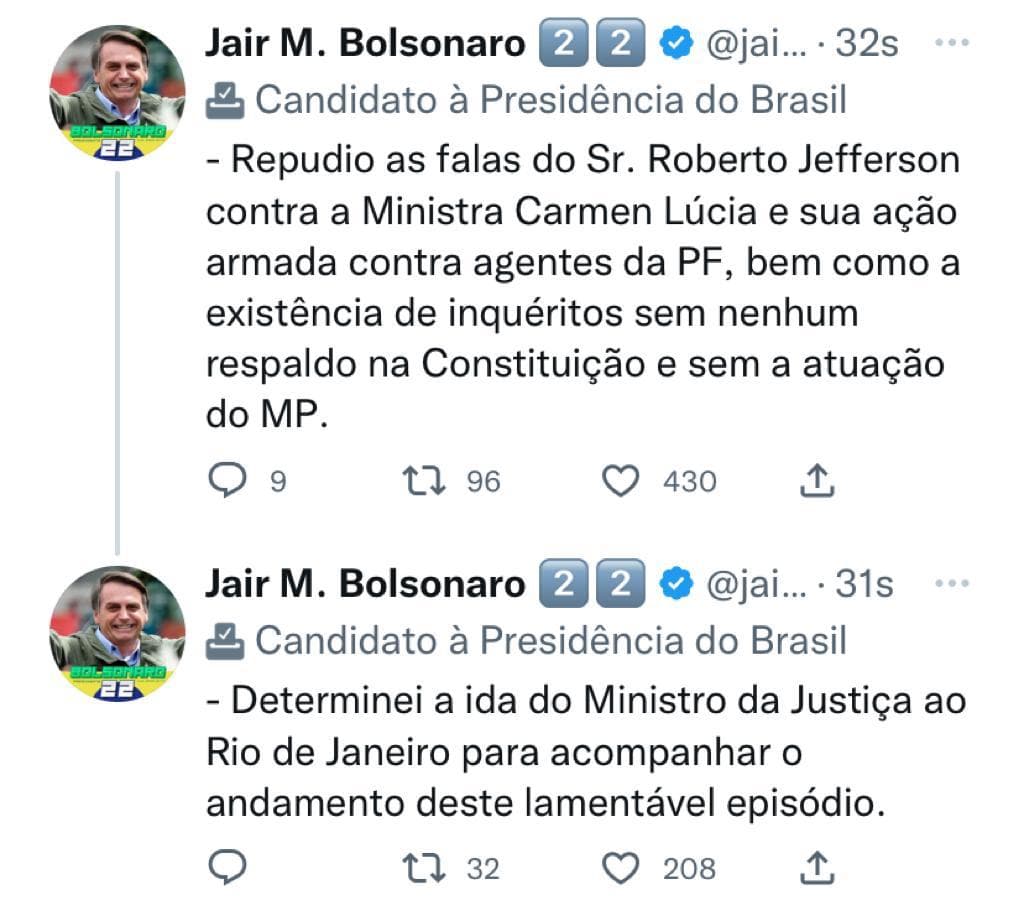 Bolsonaro se pronuncia e repudia falas e comportamento de Roberto Jefferson e pede acompanhamento do “lamentável episódio deste domingo”