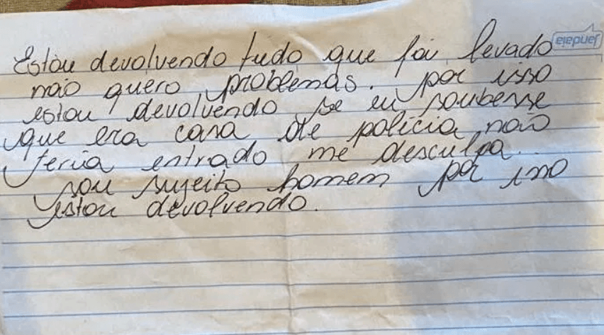 Ladrão furta casa, descobre que é de delegado e devolve itens: "Me desculpa"