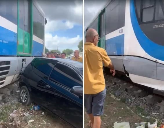 VLT atinge automóvel que estava estacionado em faixa de segurança de linha férrea em Natal