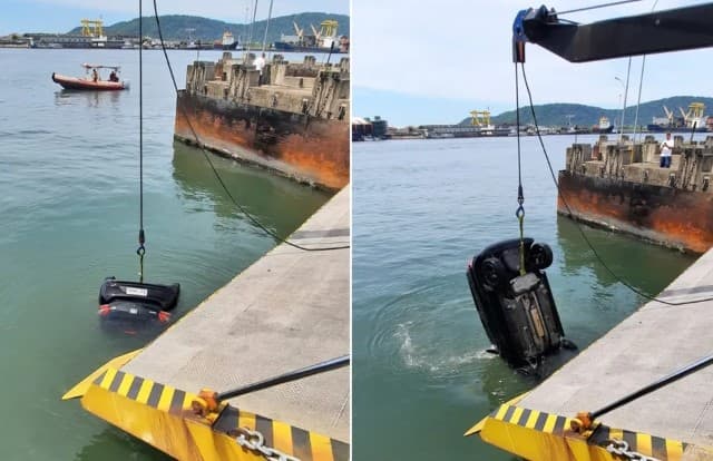FOTOS: Casal cai com carro no mar após errar a entrada da travessia de balsas no litoral de SP