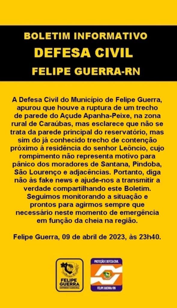 Trecho de parede do Açude Apanha-Peixe rompe, mas não representa motivo para pânico dos moradores da região, informa Defesa Civil de Felipe Guerra