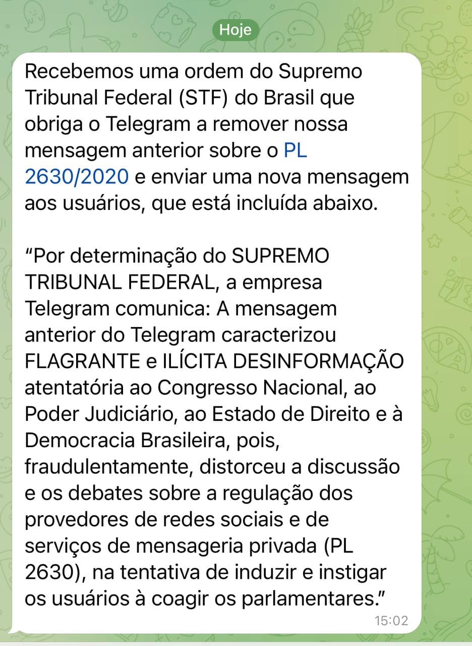Telegram cumpre ordem do STF, apaga mensagem sobre o PL das Fake News e divulga texto sobre desinformação no lugar