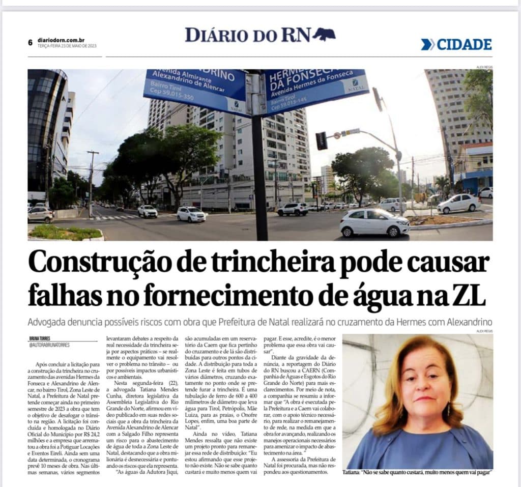 Construção de trincheira pode causar falhas no fornecimento de água na Zona Leste de Natal