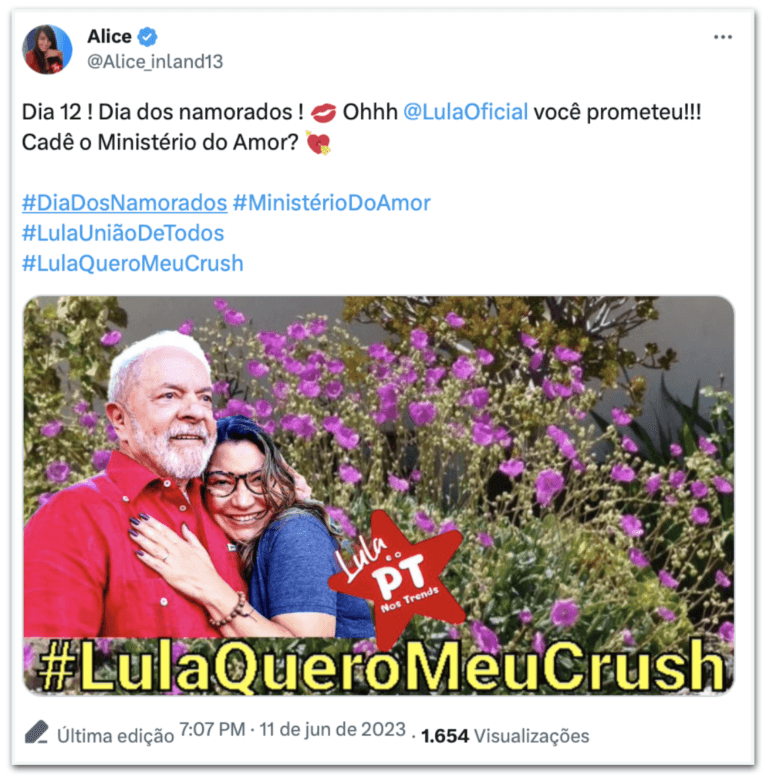 "Meu boy", diz Janja em declaração a Lula de Dia dos Namorados e internautas cobram Ministério do amor