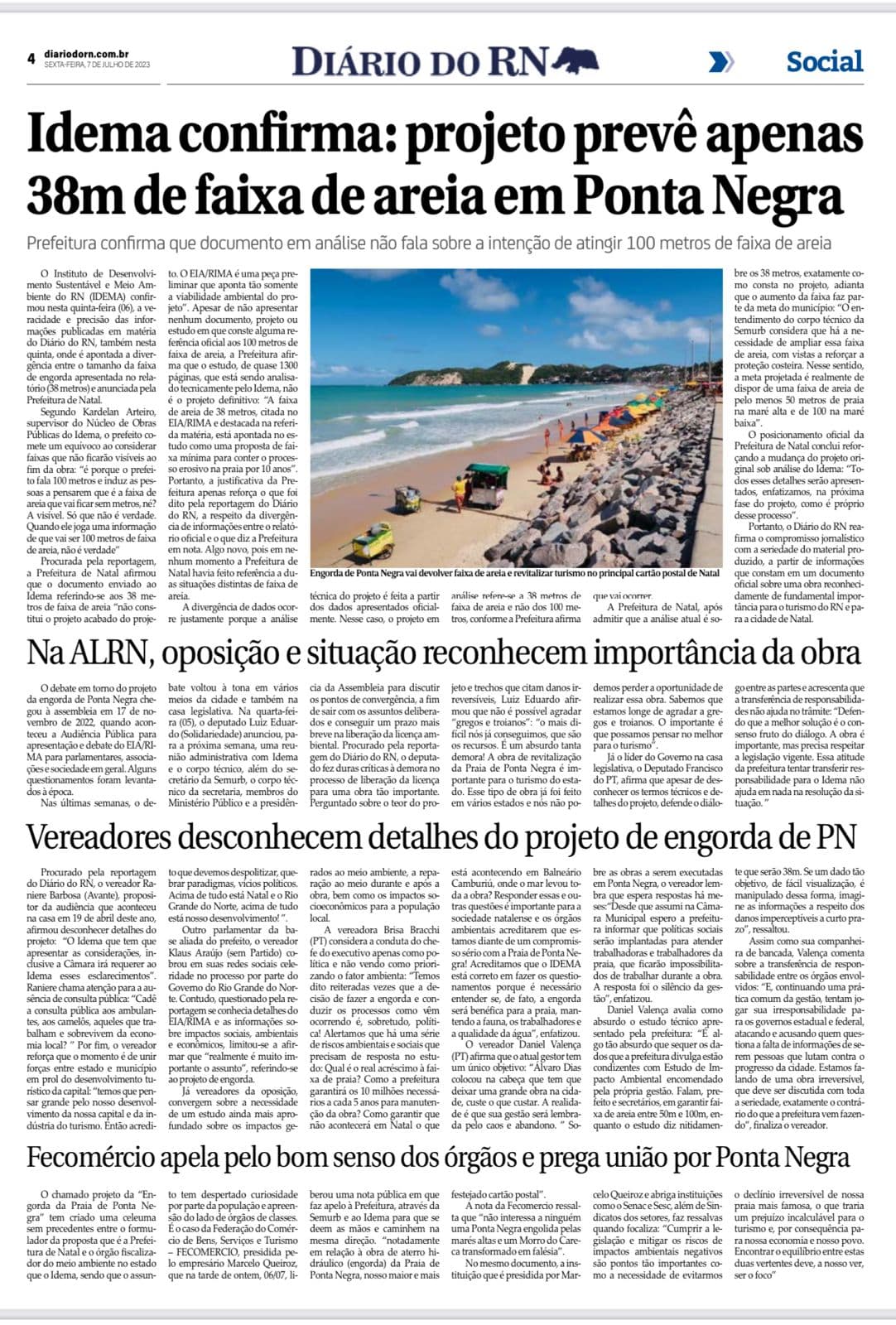 Idema confirma: Projeto prevê apenas 38m de faixa de areia em Ponta Negra