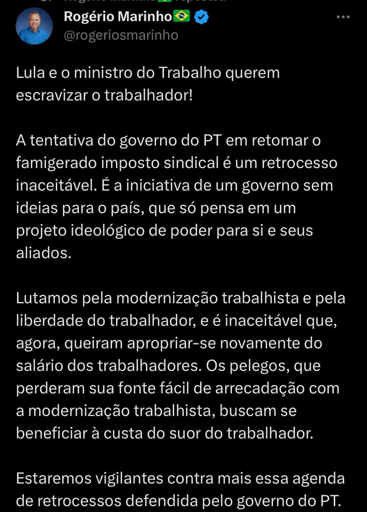 “Lula e o ministro do Trabalho querem escravizar o trabalhador”, diz senador Rogério Marinho