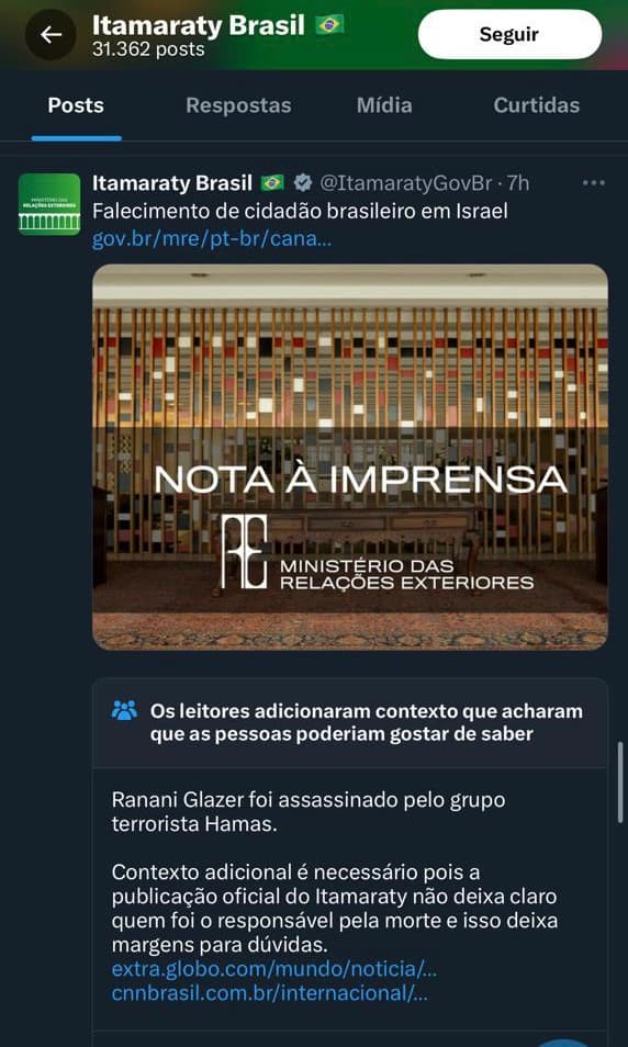 VERGONHA: rede social X corrige nota do Governo Brasileiro sobre morte de Ranani Nidejelski, assassinado pelos terroristas do Hamas