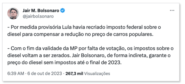 Bolsonaro diz ser responsável por diesel sem imposto com Lula