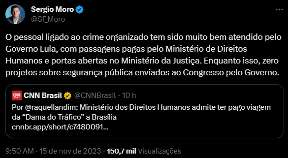 "Pessoal ligado ao crime organizado tem sido muito bem atendido pelo Governo Lula", diz Moro