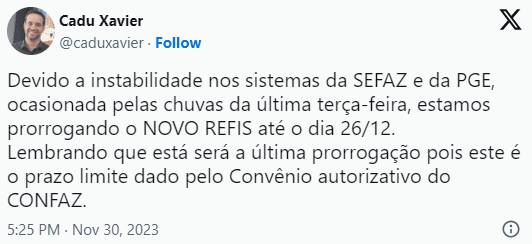 Secretário da Fazenda do RN anuncia mais uma prorrogação do REFIS