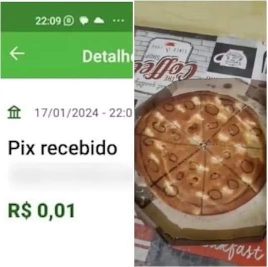 Pizzaria entrega pizza de papelão a cliente que fez Pix de um centavo e enviou comprovante falso