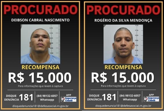 Recompensa por informações que levem à captura de fugitivos de Mossoró é de R$ 15 mil