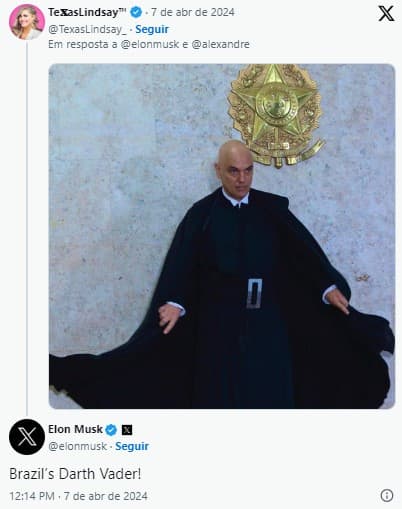 Musk chama Alexandre de Moraes de "Darth Vader do Brasil"