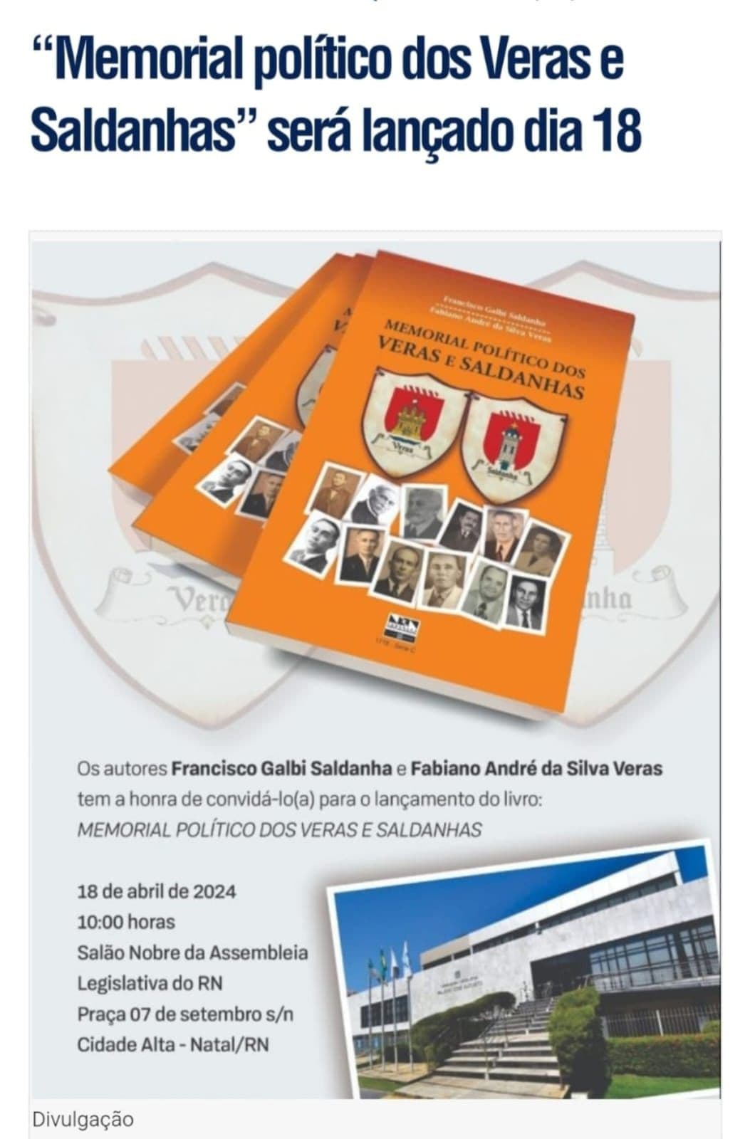 “Memorial político dos Veras e Saldanhas” será lançado dia 18
