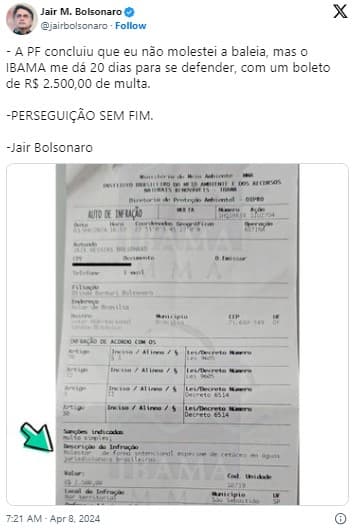 Ibama multa Bolsonaro em R$ 2,5 mil por importunação a baleia; PF concluiu inquérito e não pediu indiciamento do ex-presidente