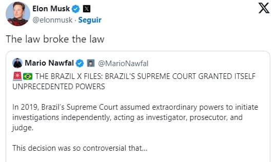 ‘A lei quebrou a lei’, diz Elon Musk sobre decisões do ministro do STF Alexandre de Moraes