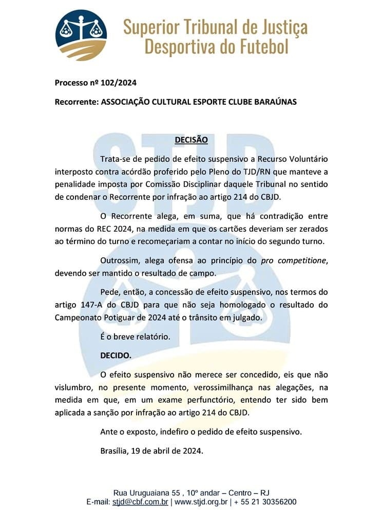 STJD diz que houve equívoco em protocolo, indefere pedido de efeito suspensivo e mantém punição ao Baraúnas
