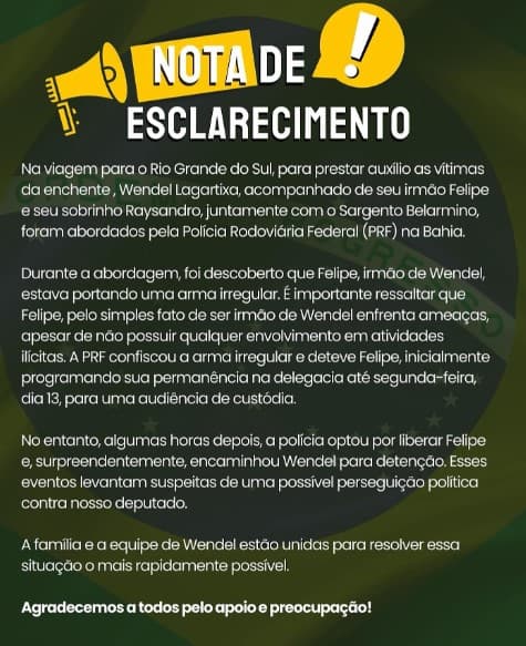 Equipe de Wendel Lagartixa emite nota esclarecimento após prisão dele na Bahia
