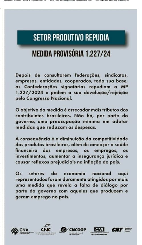 Setor produtivo repudia MP do PIS/Cofins proposta pelo governo Lula
