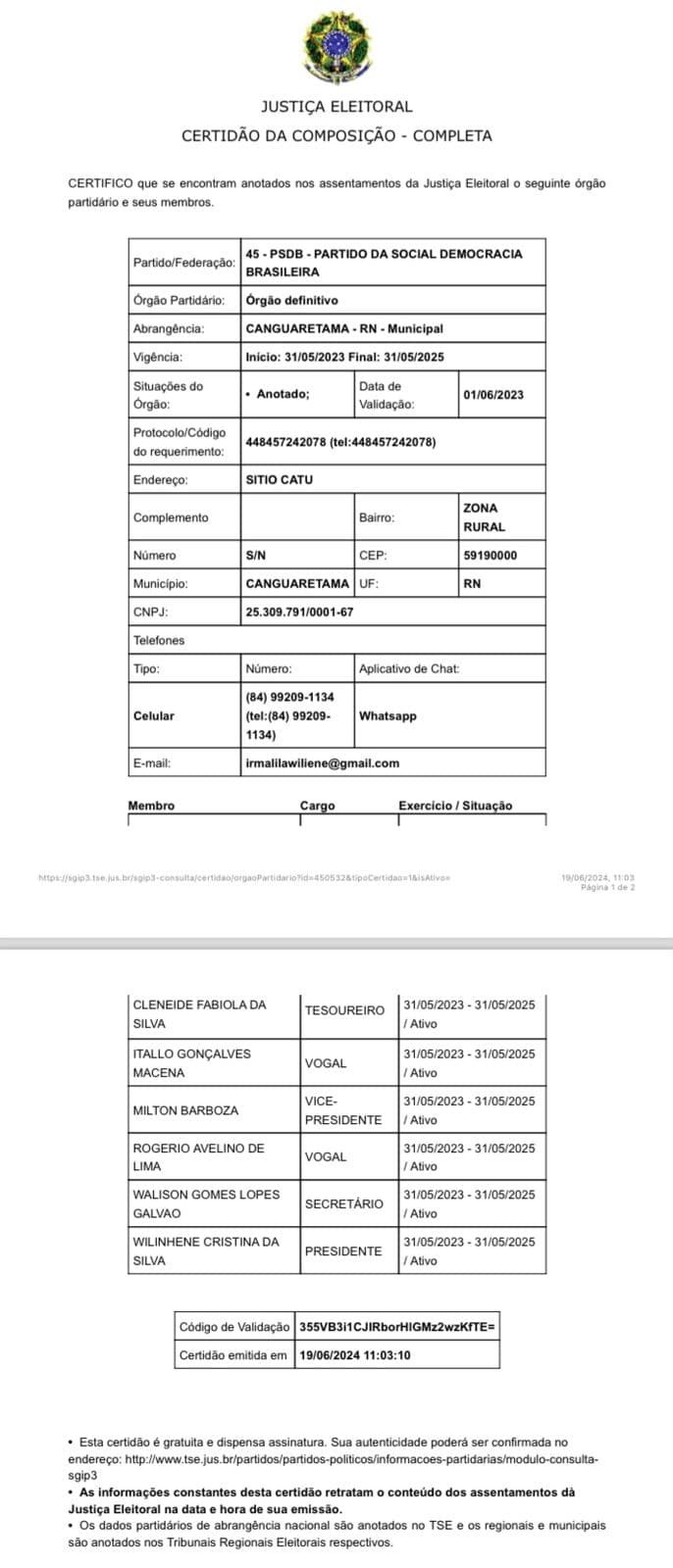 PSDB de Canguaretama continua com o mesmo diretório desde que foi homologado