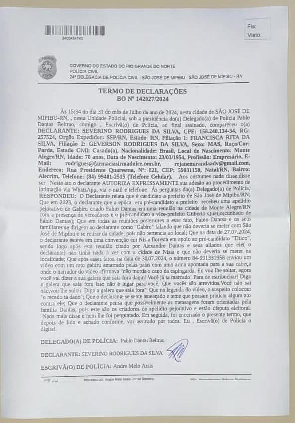 Pré-candidato Severino Rodrigues registra boletim de ocorrência após ameaças nas redes sociais