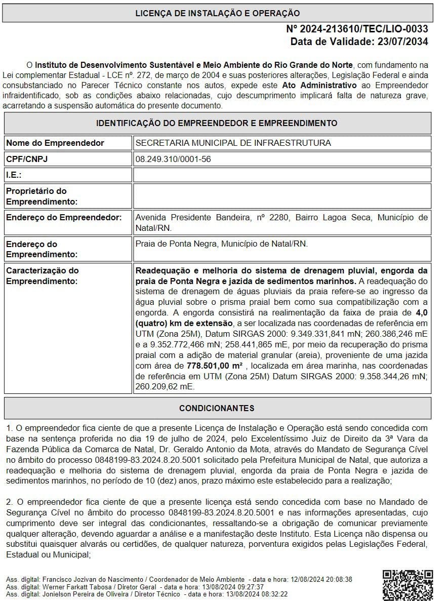 IDEMA concede licença para início da obra de engorda da praia de Ponta Negra