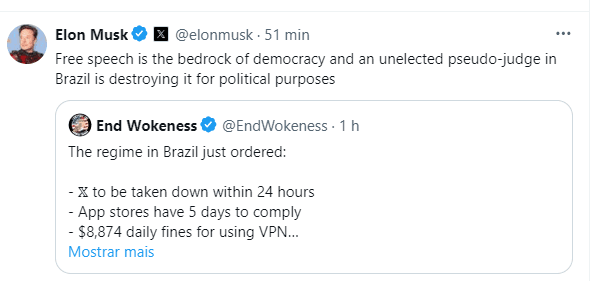 Elon Musk se pronuncia após Moraes bloquear o X no Brasil