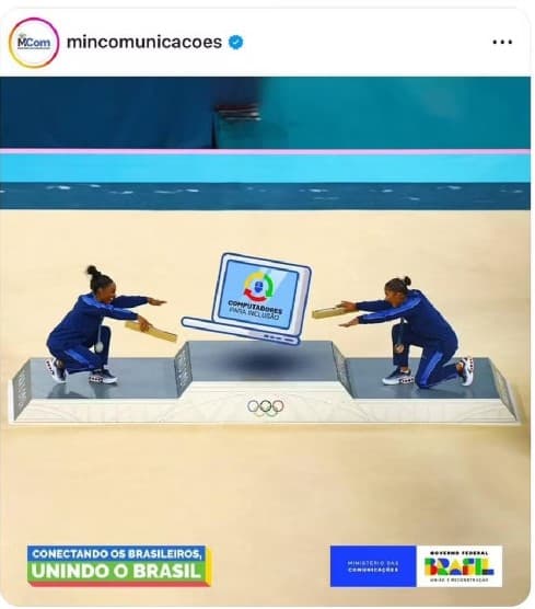 Ministério das Comunicações apaga Rebeca Andrade de foto histórica, recebe enxurrada de críticas, e volta atrás